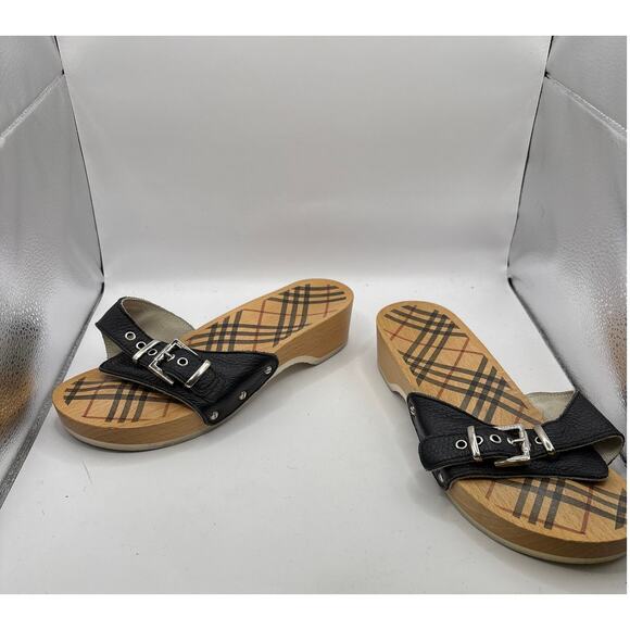 Burberry Leather Buckle Nova Check Clog Slides Womens Size 38 Brown Wooden Sole